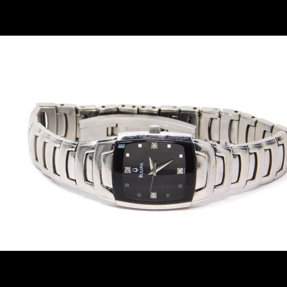 Bulova Womens Watch 96P15 Black Dial Stainless Steel Diamonds Ladies Silver 6.5\